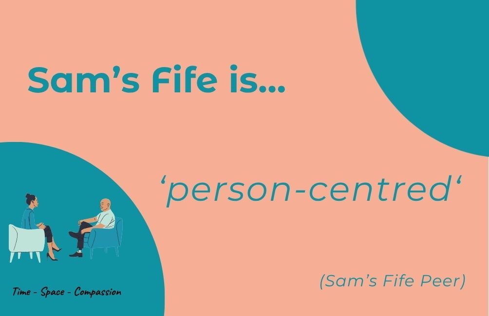 Infographic with text stating. Sam's Fife is person centred. (Sam's Fife Peer)